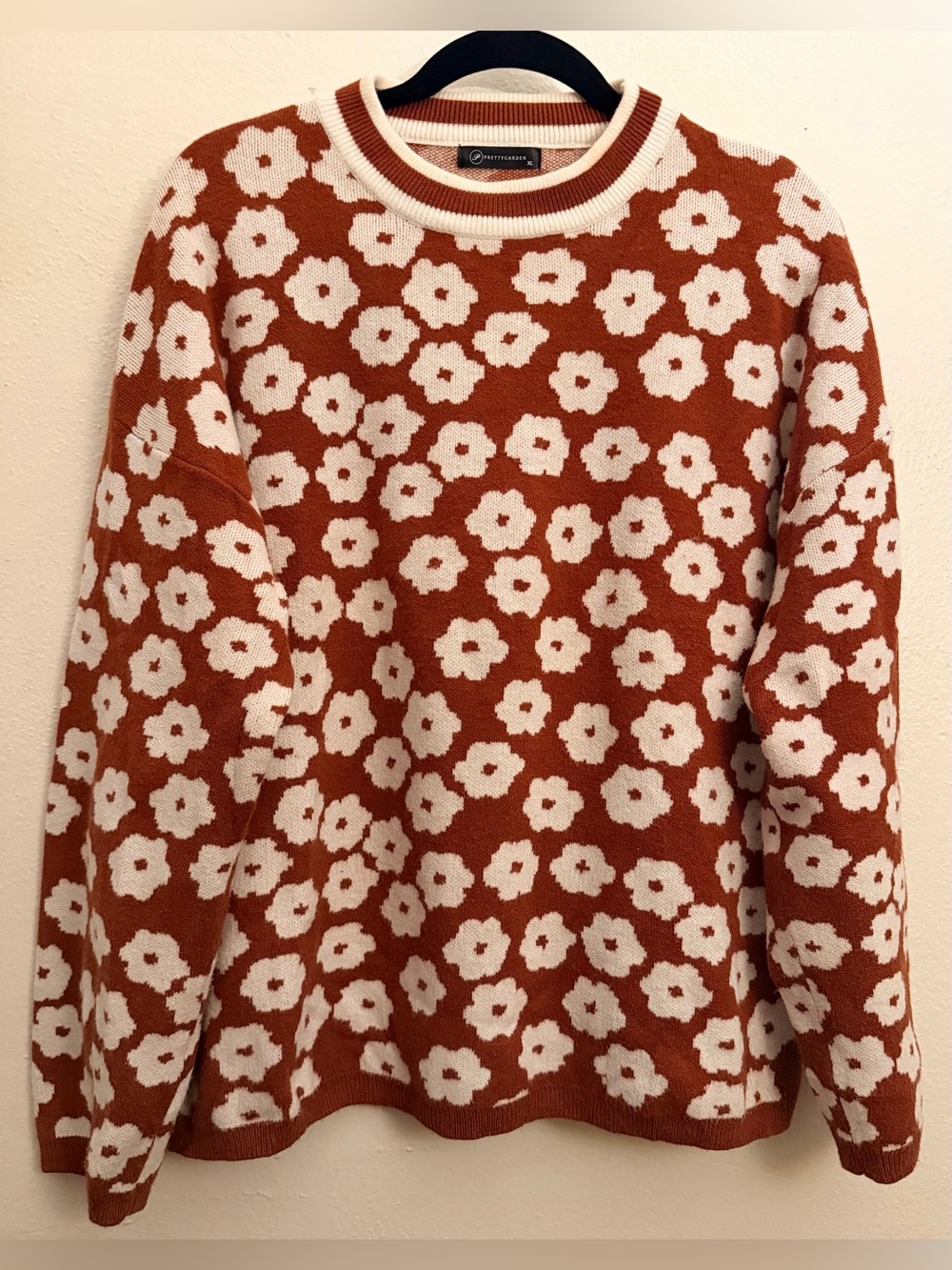Pretty Garden Fall Autumn Sweater Rust Brown Floral Knit size XL